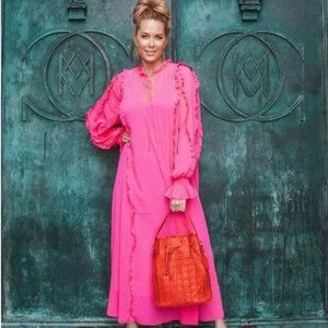 H&M Women's Chiffon Ruffles Lace Up Sheered Maxi Dress Magenta  Hot Pink Size M